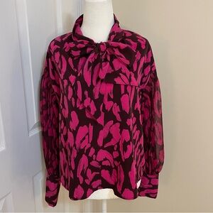 Who What Wear Magenta & Brown Puffy Sleeve Bow Blouse Women’s Size M